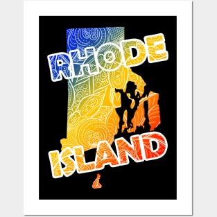 Colorful mandala art map of Rhode Island with text in blue, yellow, and red Posters and Art